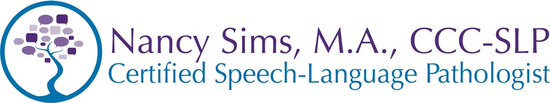 Logo for Nancy Sims, M.A., CCC-SLP, Certified Speech-Language Pathologist, blue circle with tree and squares.