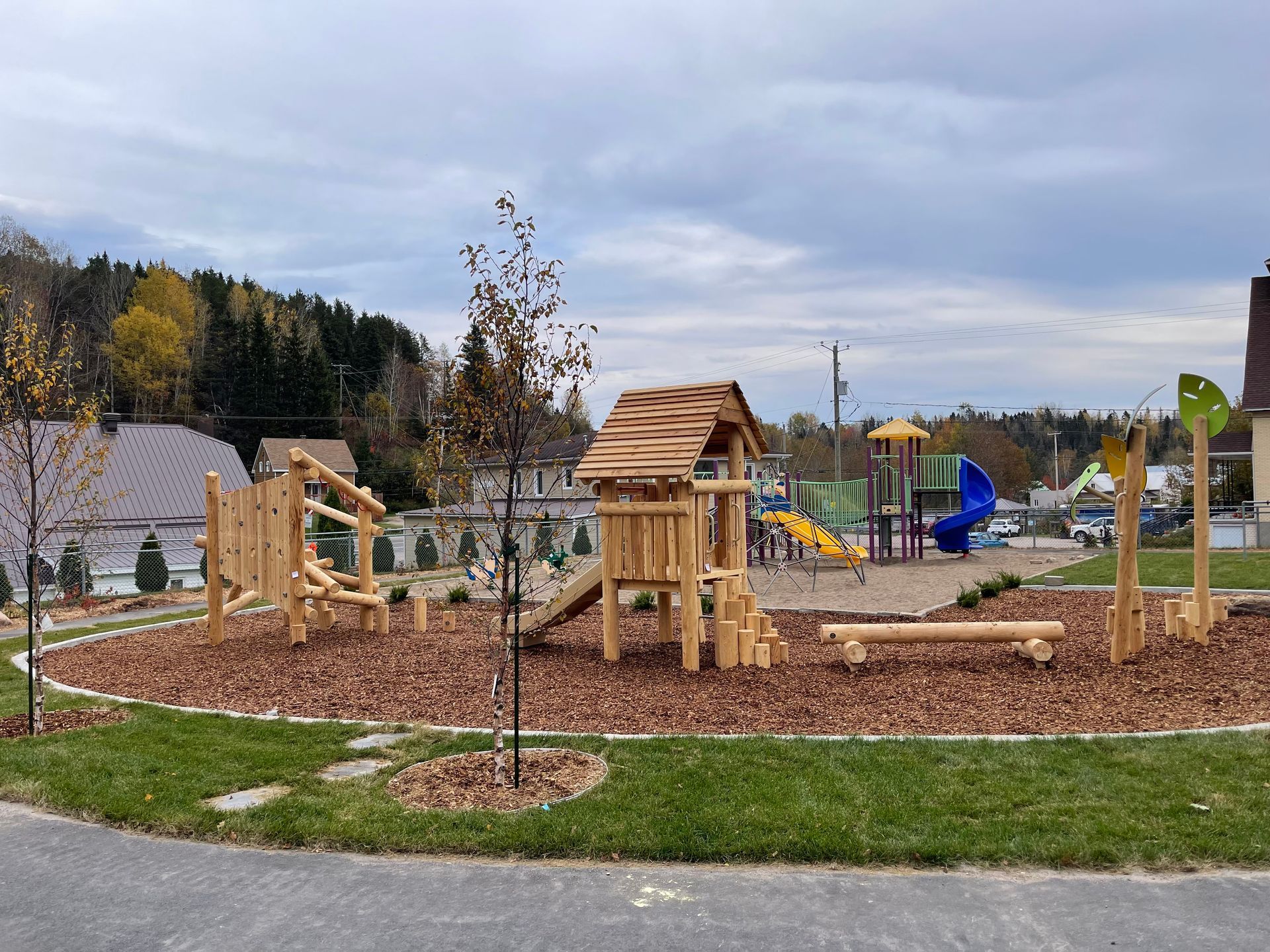 Une aire de jeux en bois dans un parc avec un toboggan bleu.