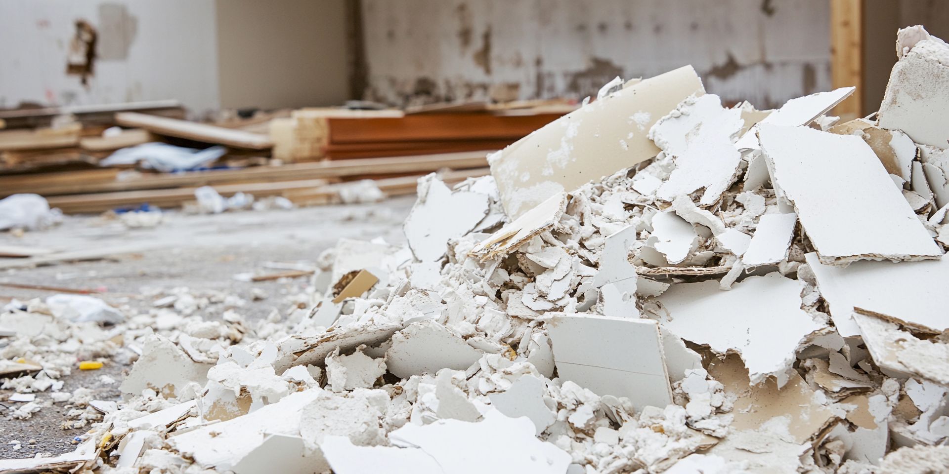 Un tas de plaques de plâtre blanches cassées et de débris dans une pièce, probablement lors d'un projet de rénovation ou de démolition.