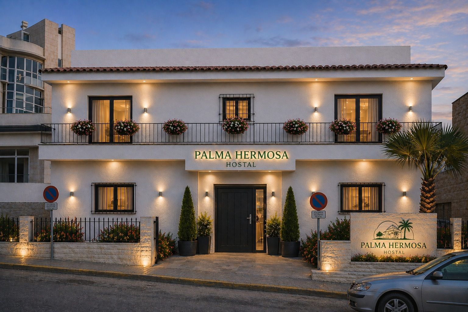 Villa blanca de dos plantas con balcones iluminados al anochecer, palmeras y un coche aparcado delante.