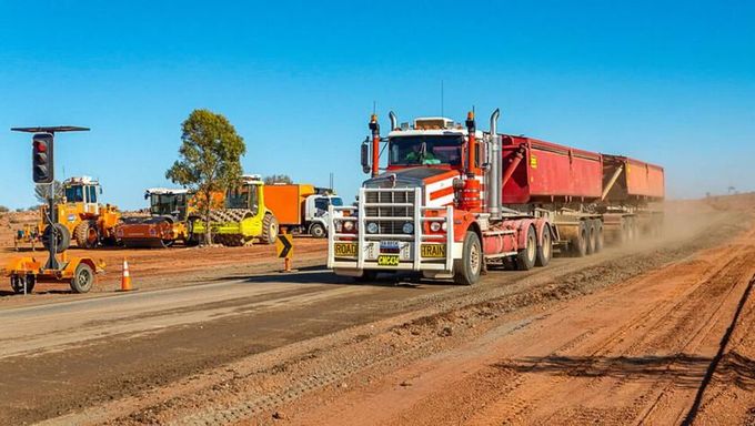 A red semi truck is driving down a dirt road — Forcequip Hire In Southside, QLD