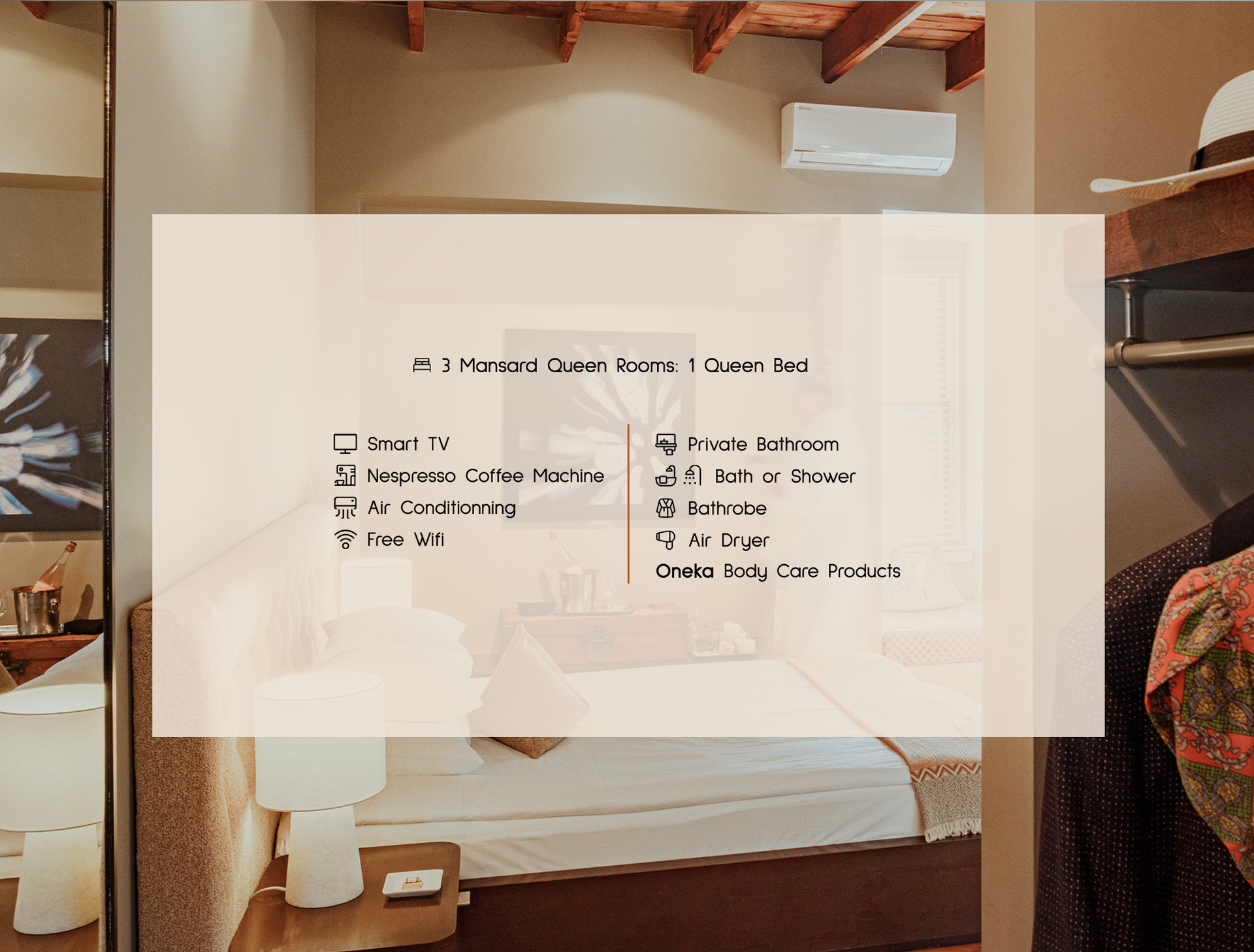 A collage of photos of a bedroom with a bed and clothes hanging on a rack with a boxed text on the image.
