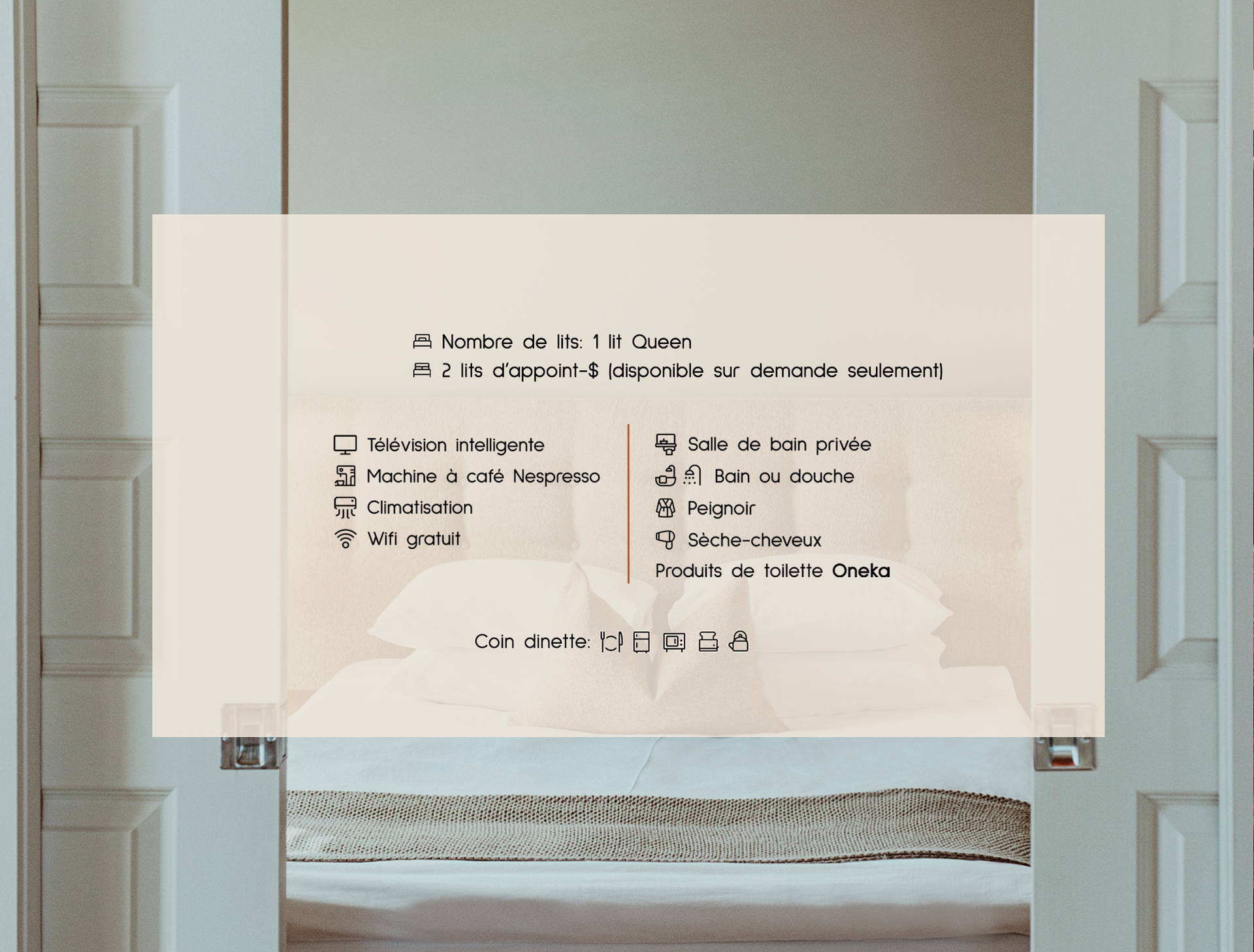 Gros plan sur deux portes qui s'ouvrent sur une chambre d'hôtel,  recouvert d'une boite de texte en français.