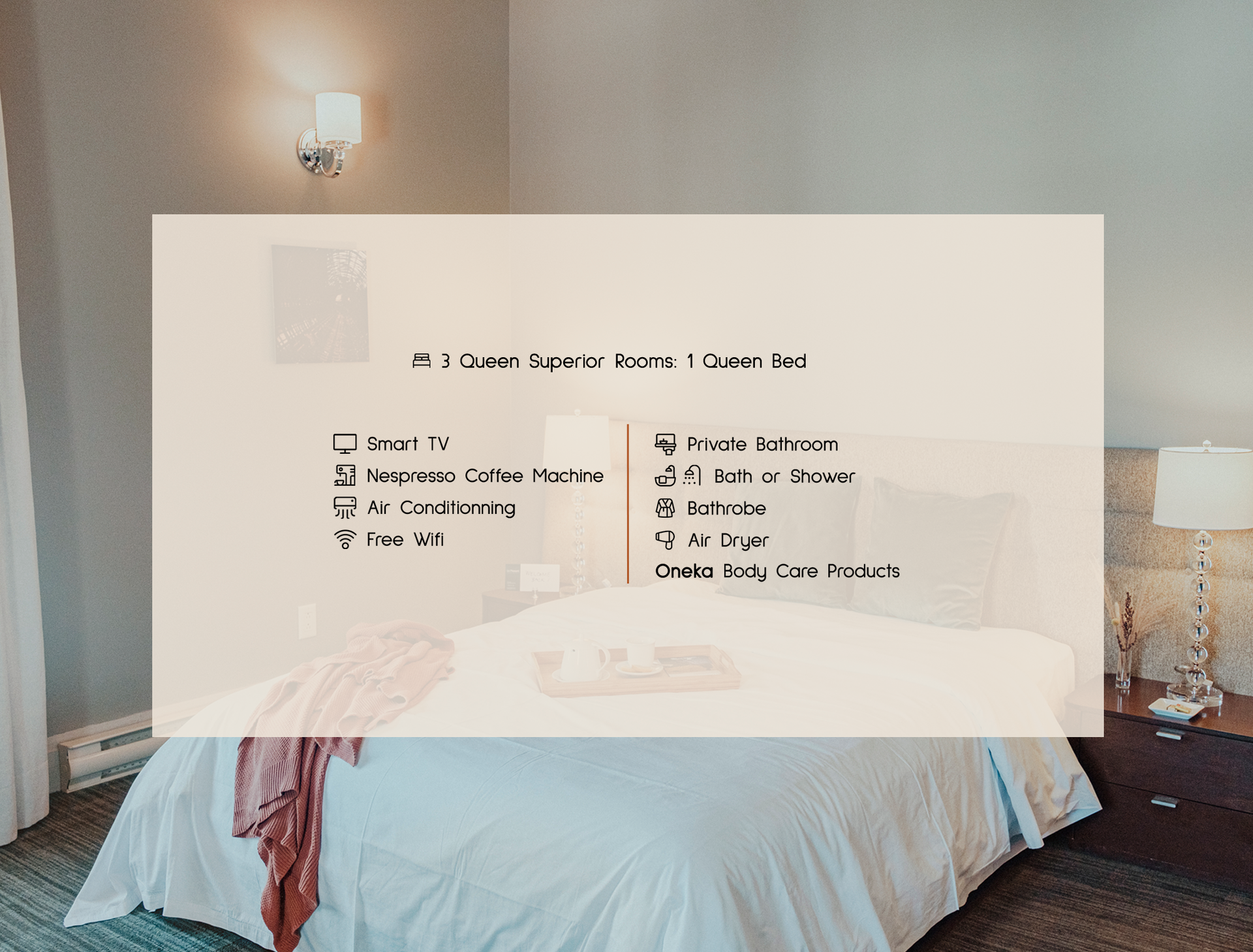 A bedroom with a large bed and a white blanket with a boxed text on the image.