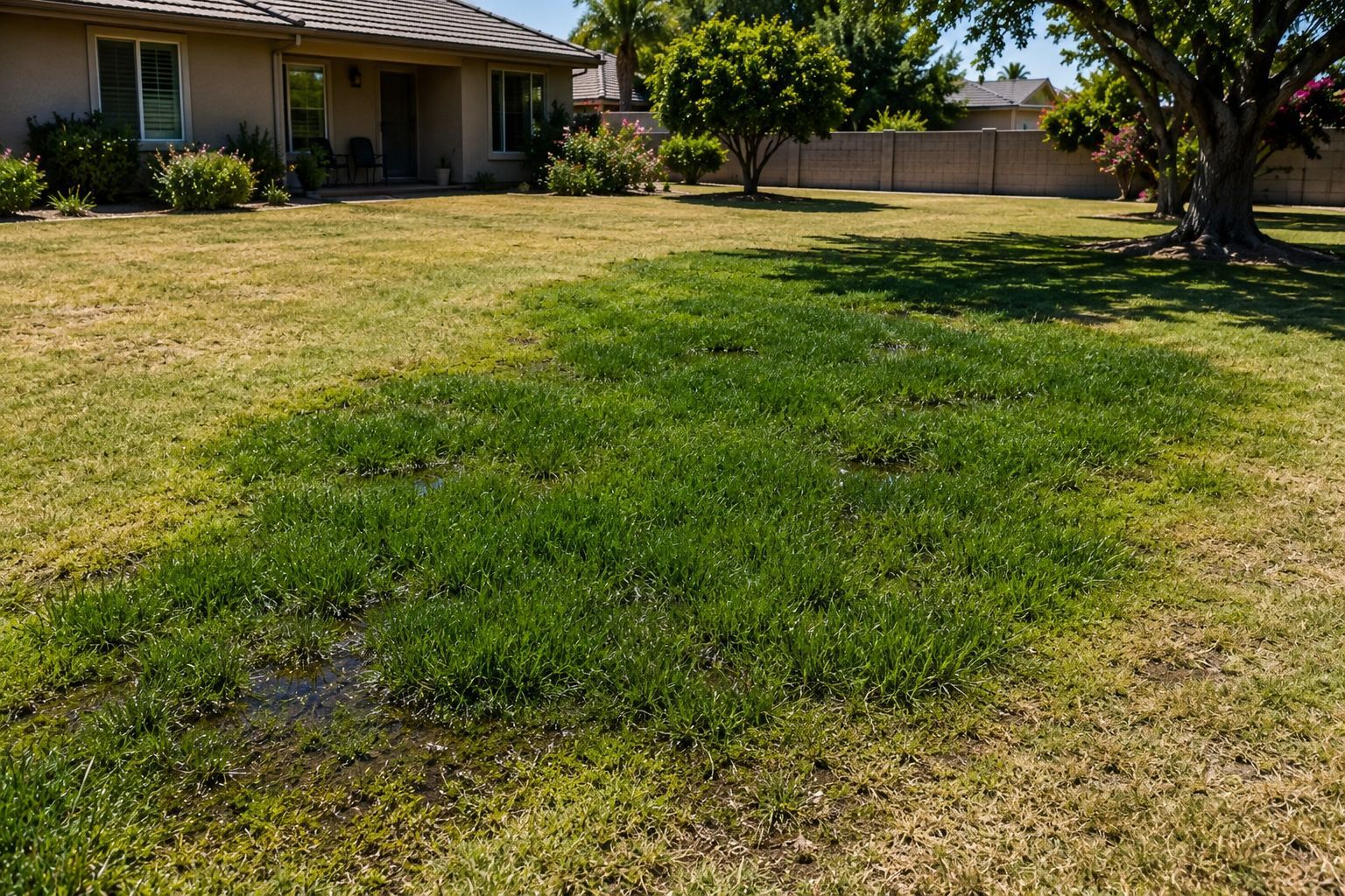 Patchy green lawn in a sunny suburban yard beside a house and trees