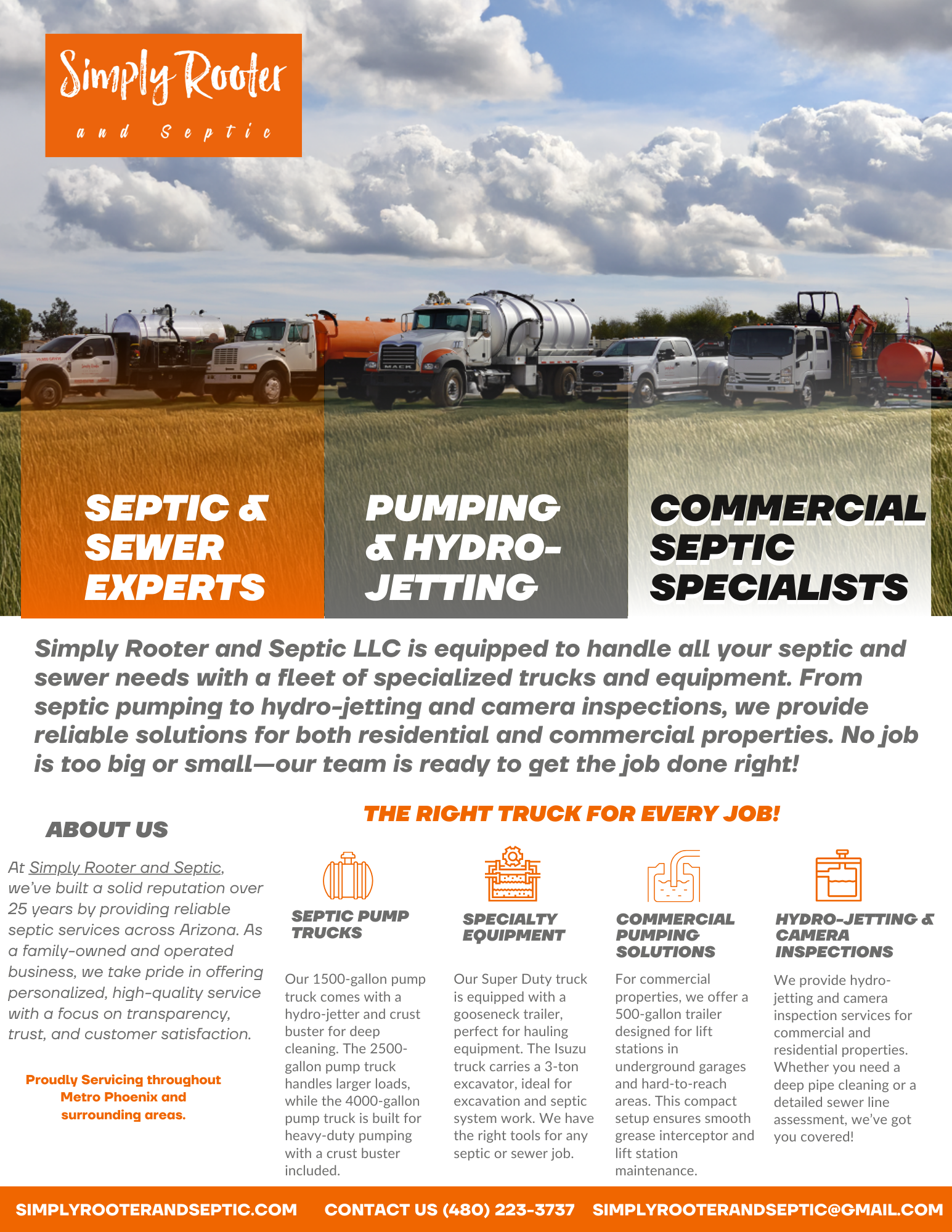Advertisement for Simply Rooter, a septic and sewer company, with trucks, services, and contact info.