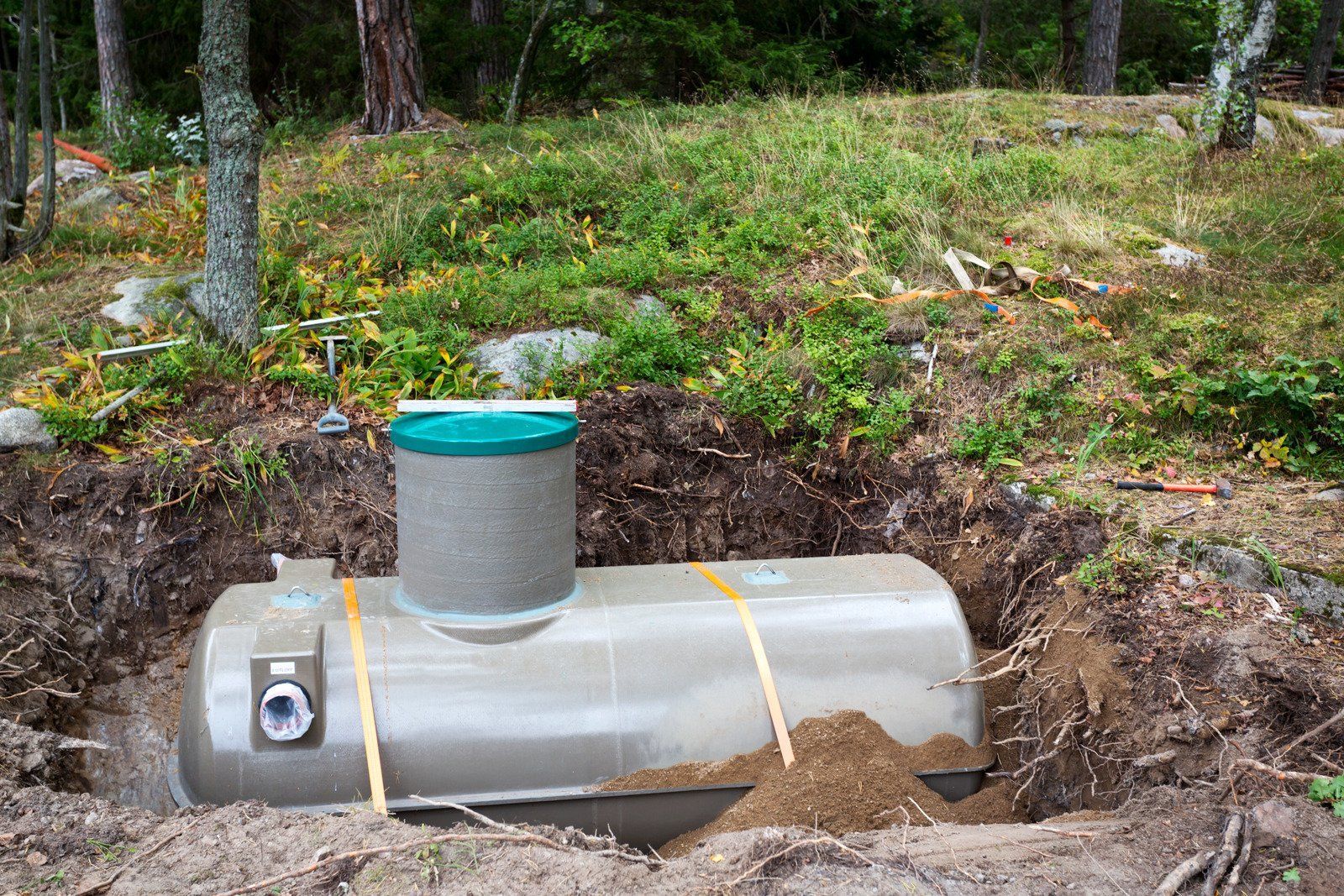 Septic tank installation in a wooded area; tan tank, gray filter, dirt, trees.