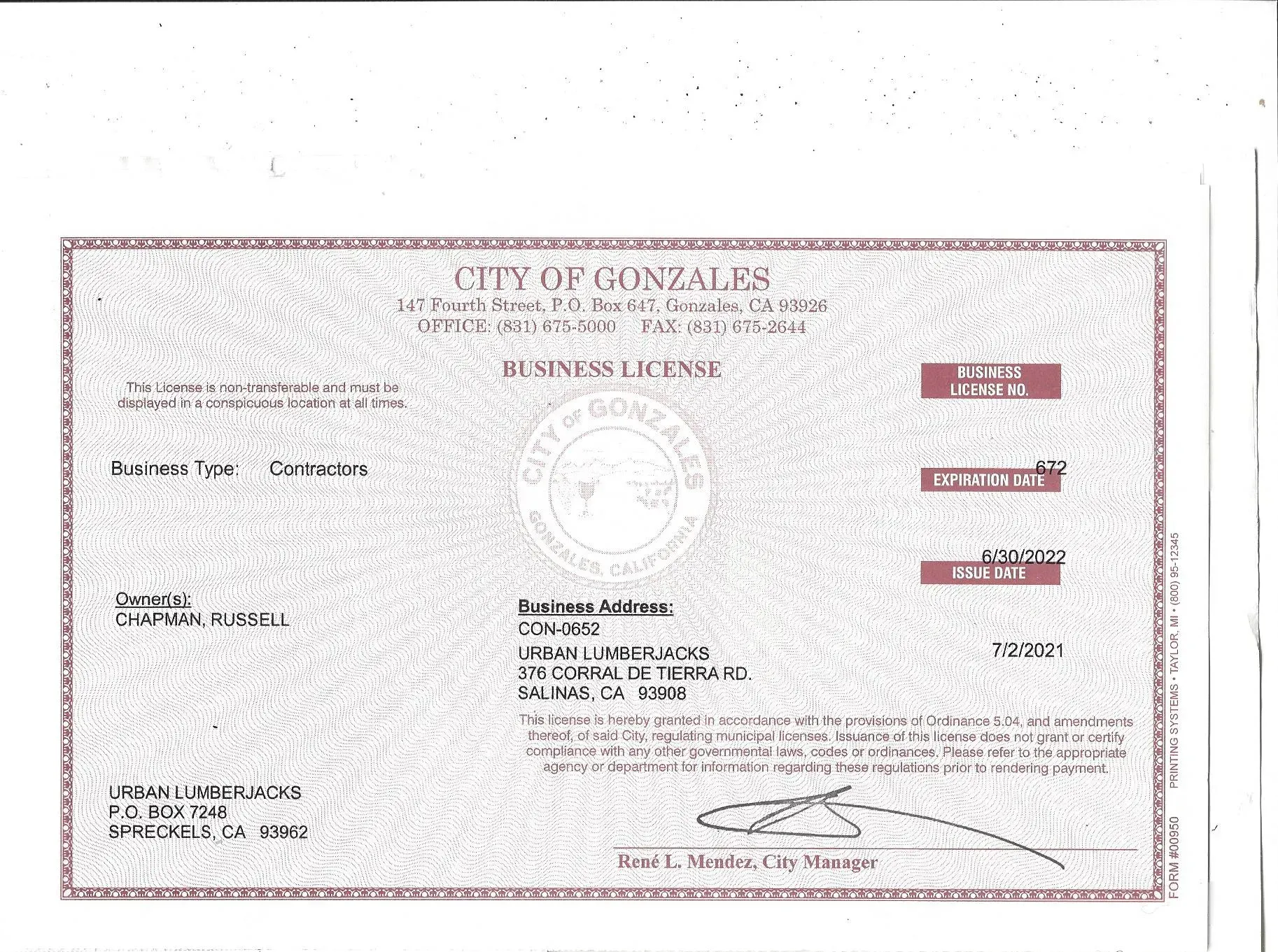 Business license from the City of Gonzales, featuring business details and signature.