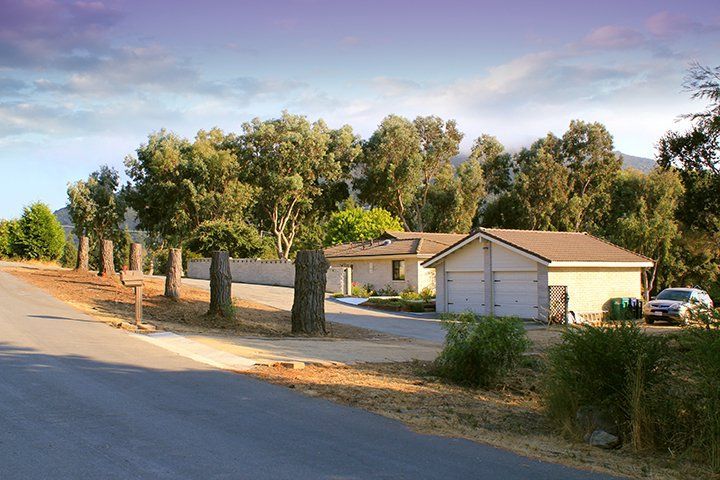House with attached garage, lined with trees, near a road. Overcast sky.
