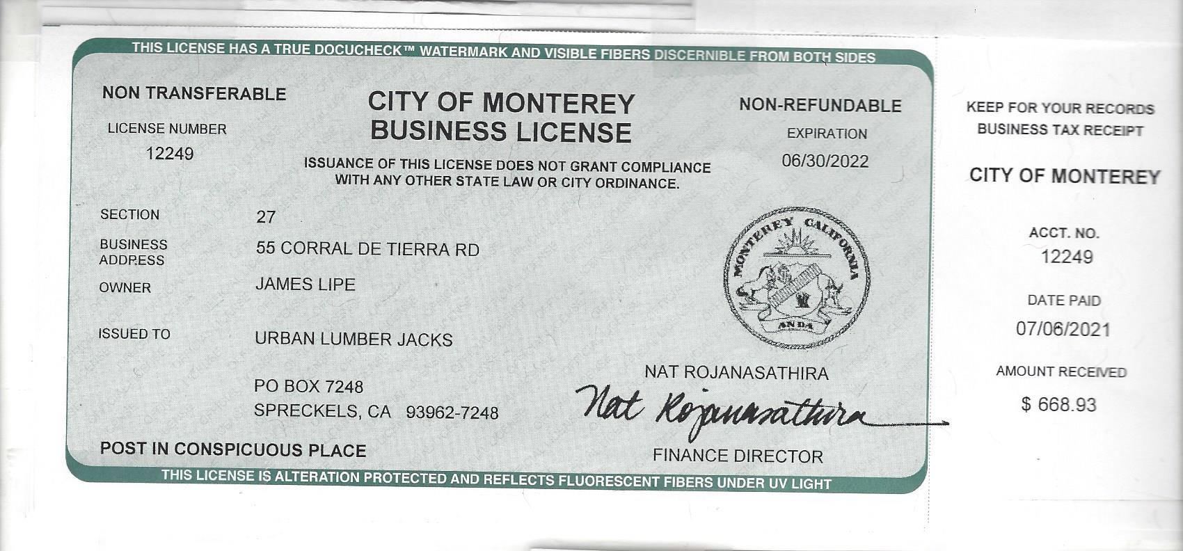 Monterey City Business License. Features a seal, signature, and printed details on a green and white card.