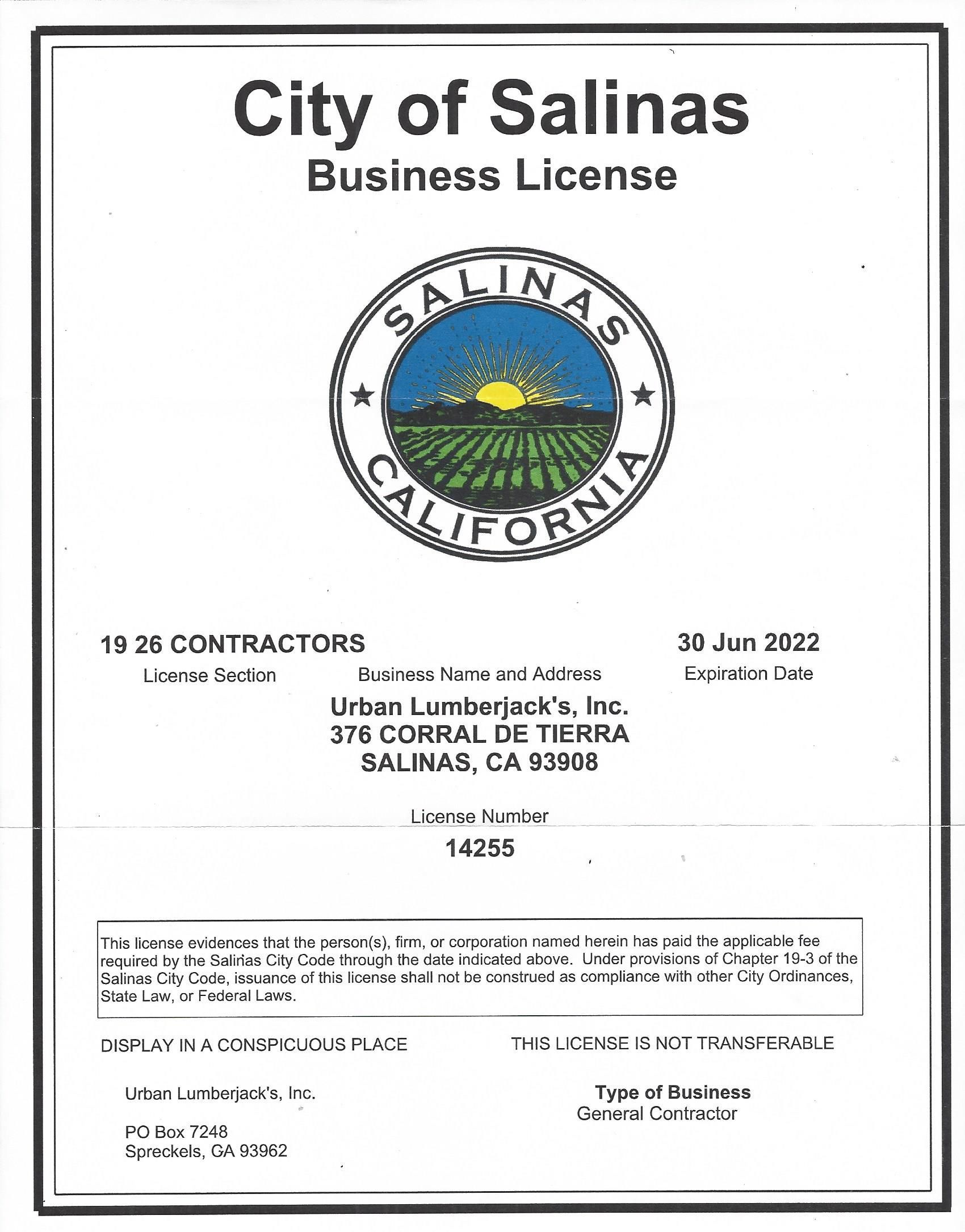 City of Salinas business license for Urban Lumberjack's Inc.