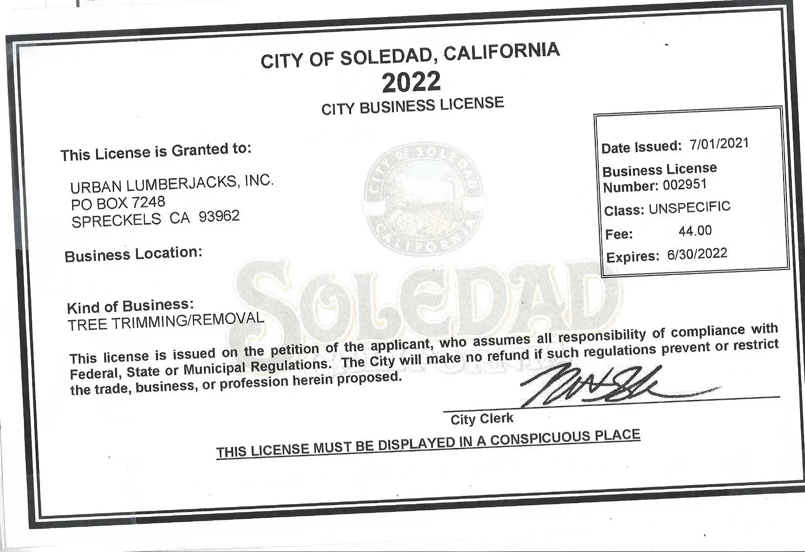 City of Soledad, California 2022 business license for URBAN LANDSCAPING INC.