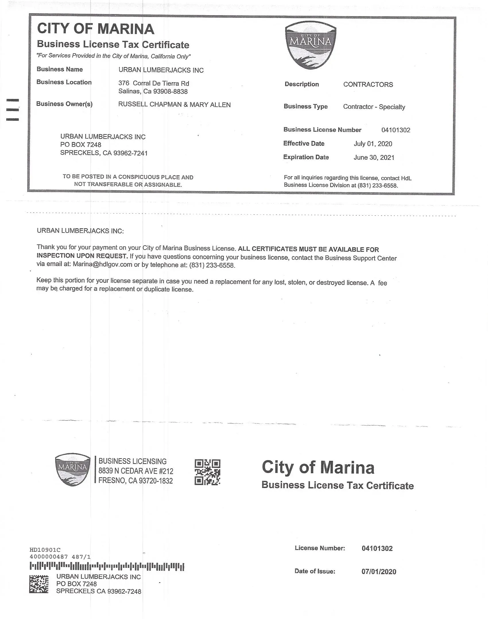 City of Marina business license document with official seal and text fields.