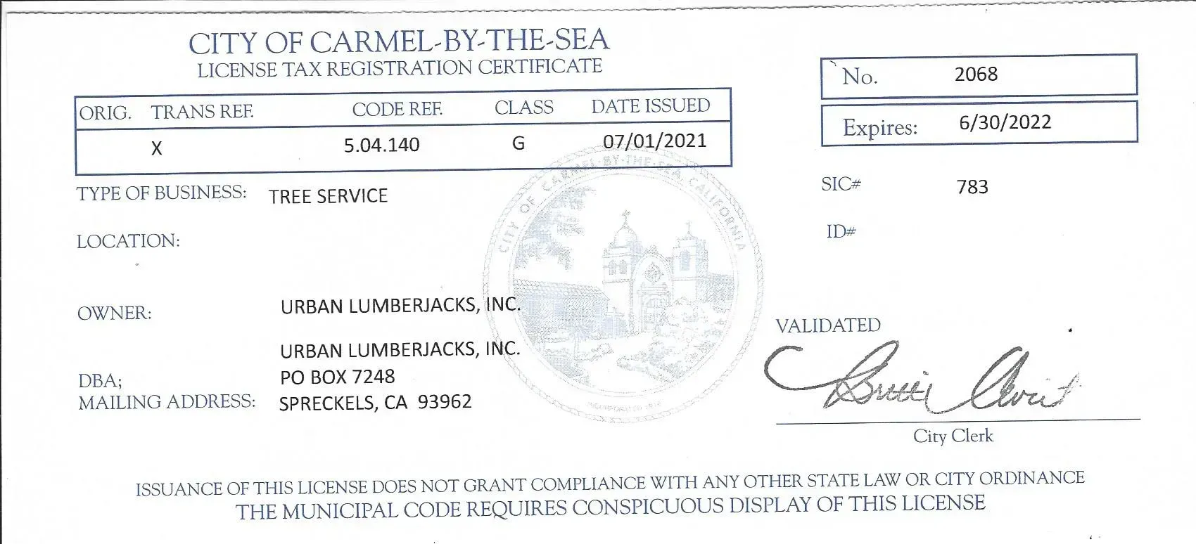 City of Carmel-by-the-Sea license document. Details include a seal, signature, and license information.