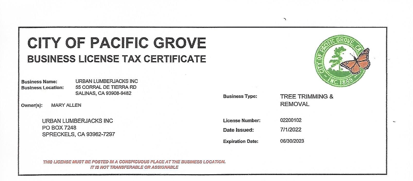 City of Pacific Grove business license tax certificate.
