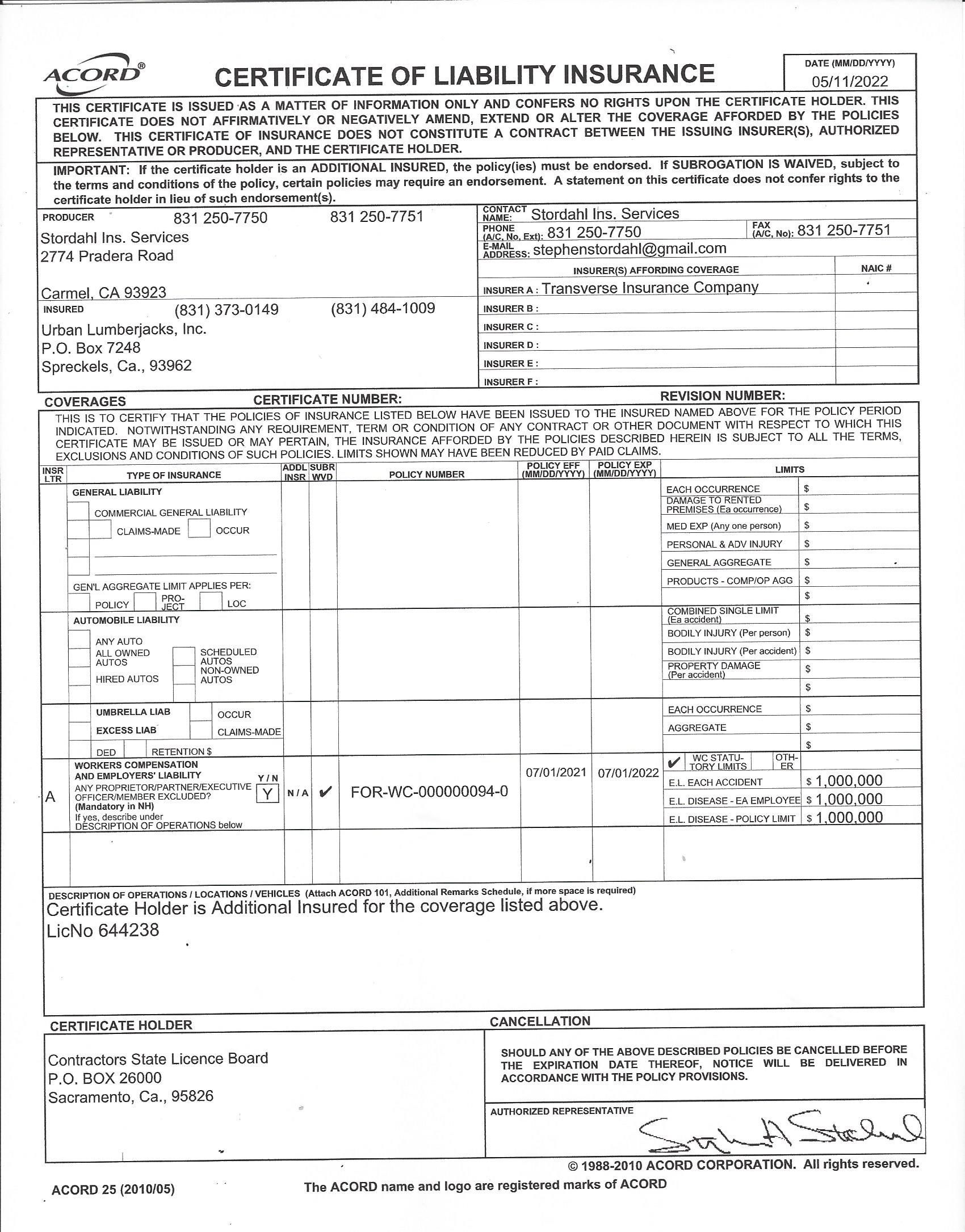 Certificate of Liability Insurance document, containing company names, dates, policy details, and coverage information.