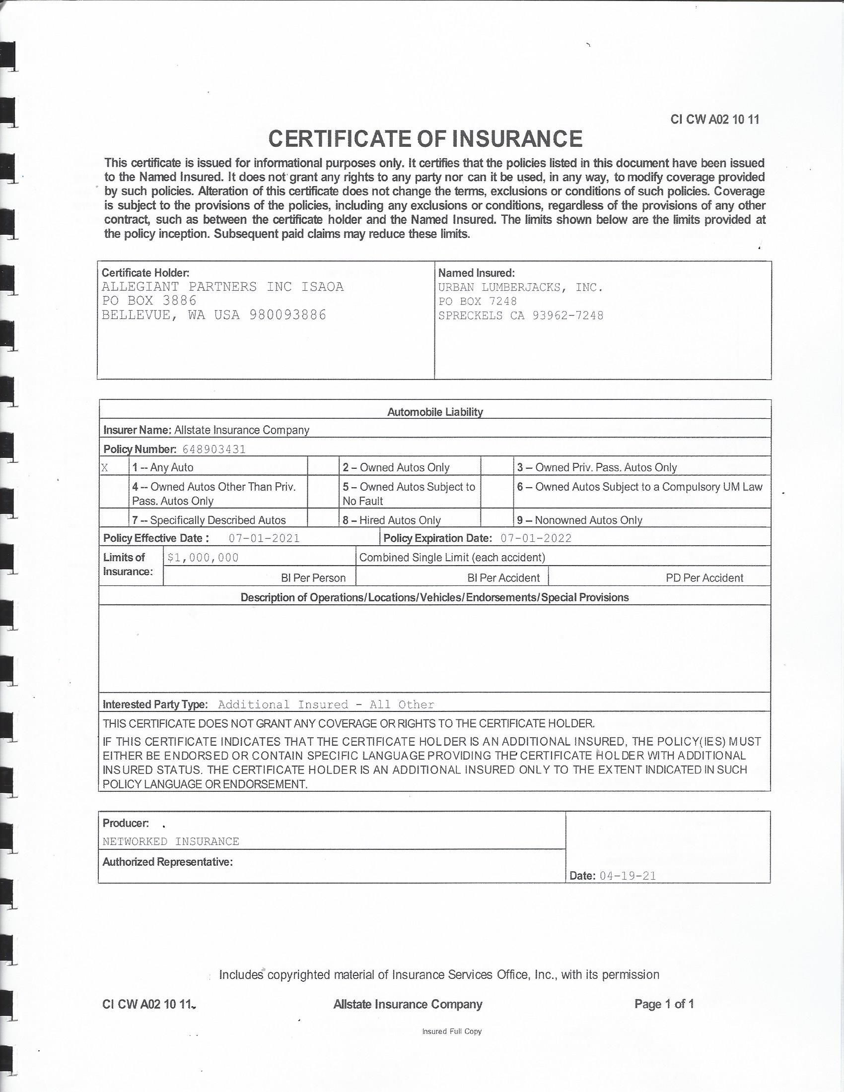 Certificate of insurance document with fields for information.