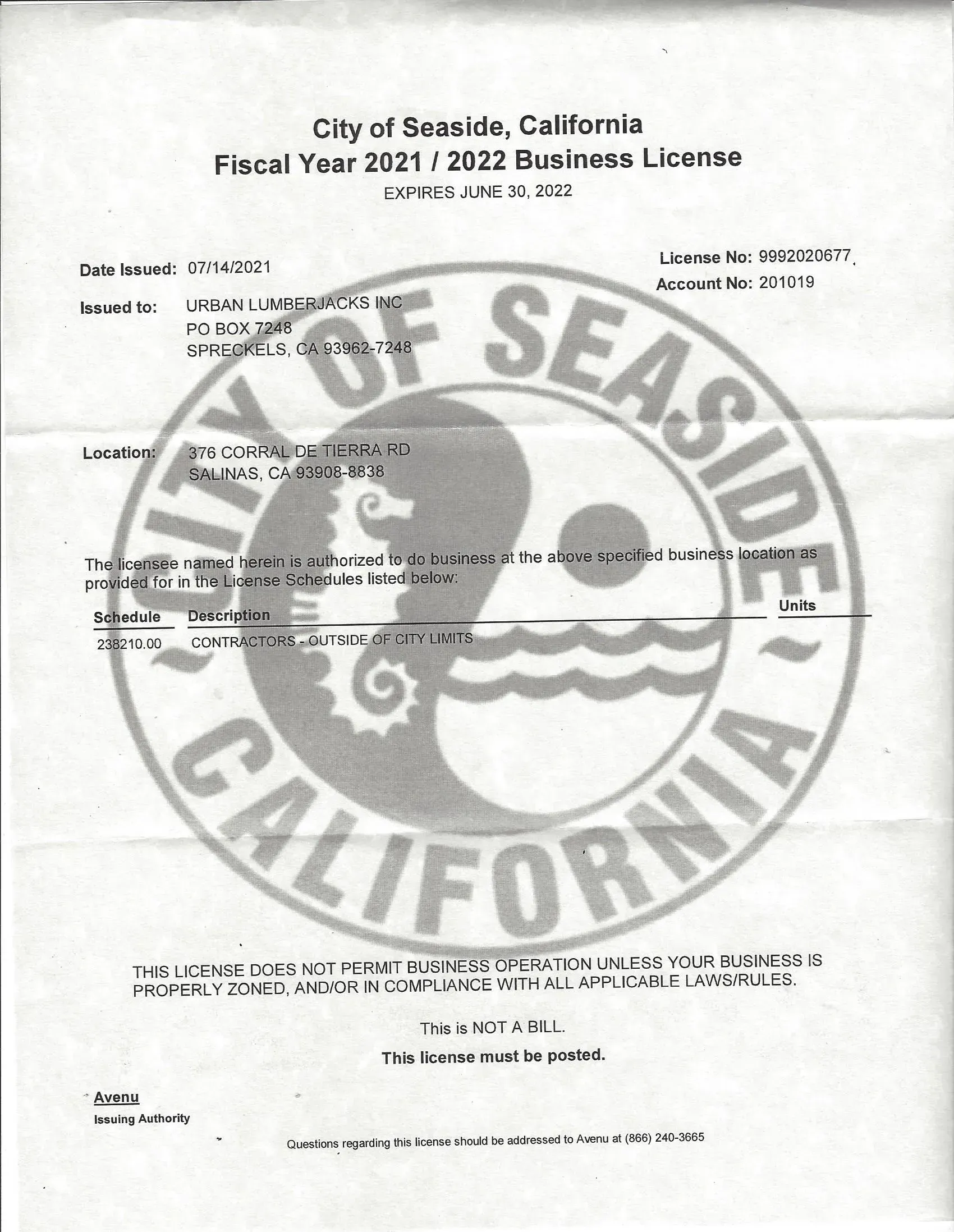 City of Seaside, California business license with the city seal.
