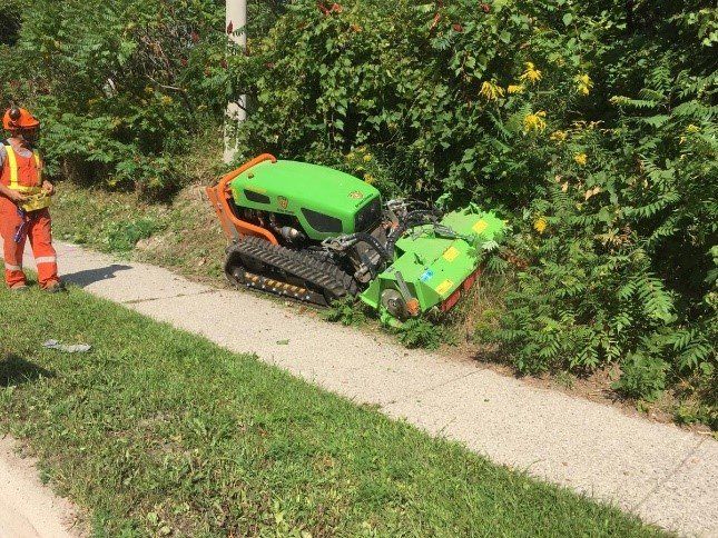 Green robotic mower on a sidewalk, near bushes; worker in orange vest watches.