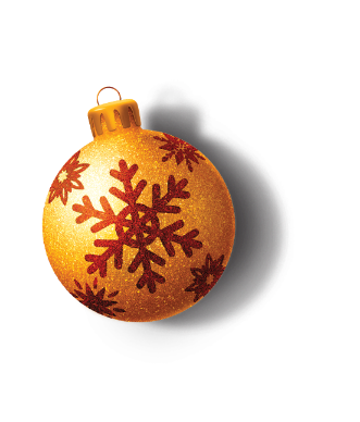 A gold christmas ornament with red snowflakes on it