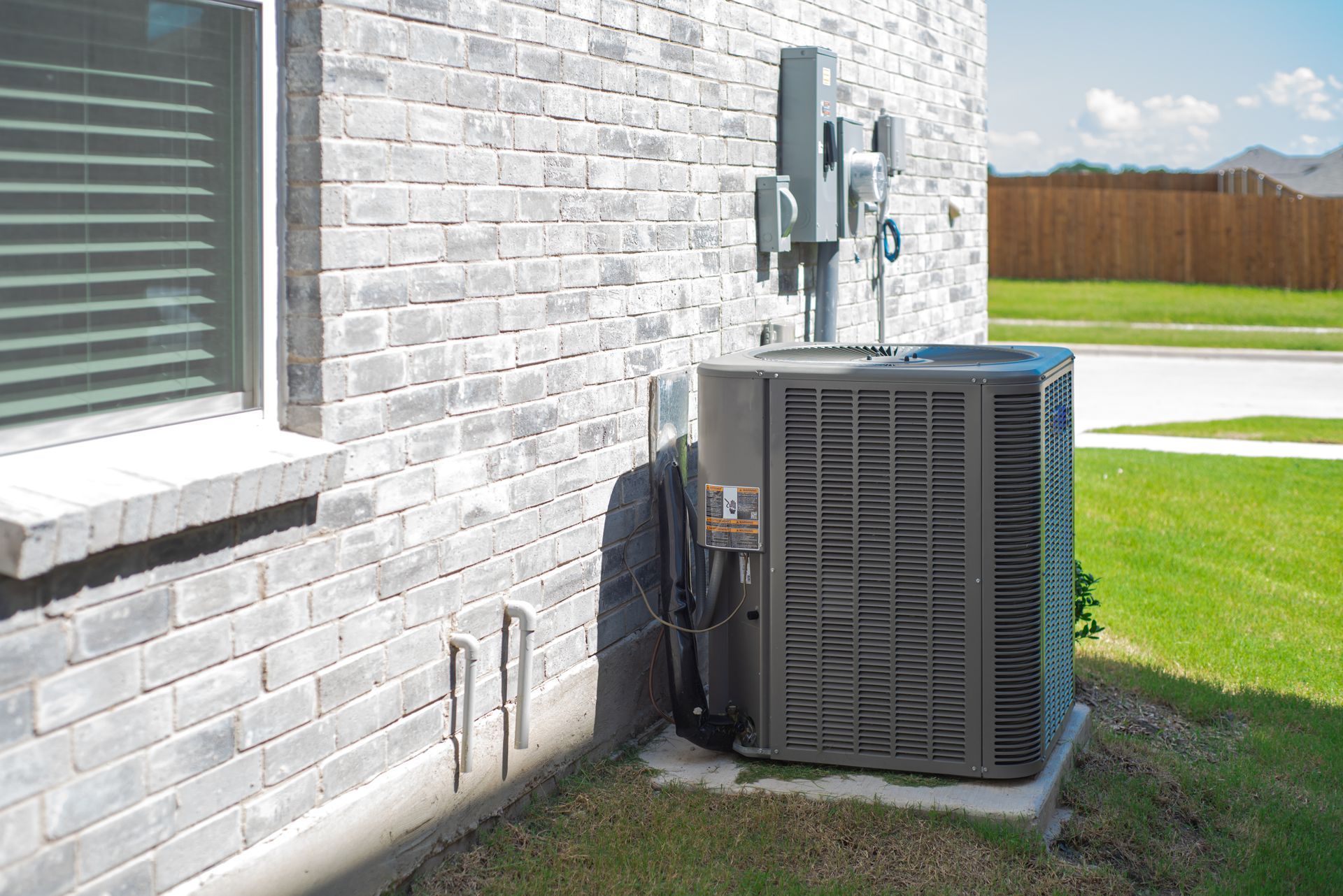 Outdoor HVAC unit beside a white brick house wall and window, with green lawn nearby