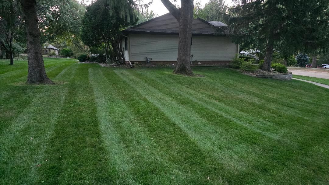 Lawn with freshly cut stripes; green grass, trees, and a beige garage.