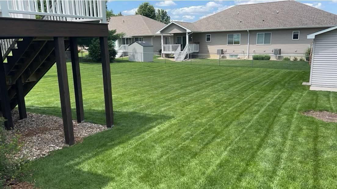Well-manicured green lawn with mowing stripes, backyard setting, adjacent to a house and deck.