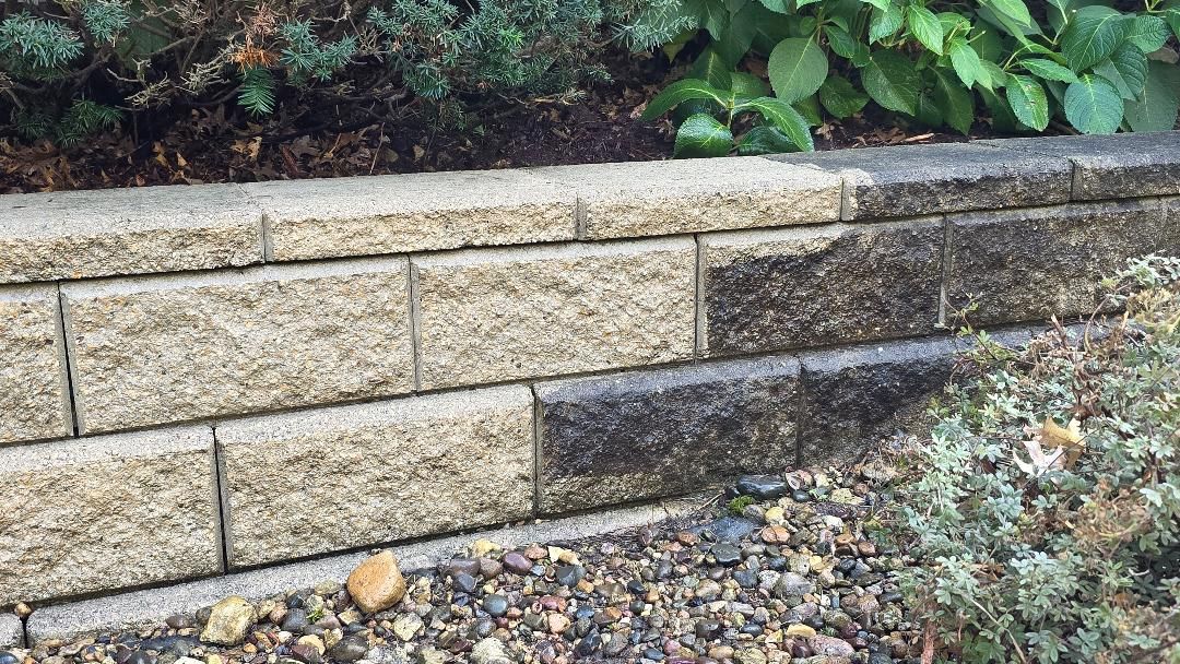 Stone retaining wall with dark staining, adjacent to a bed of plants and small rocks.