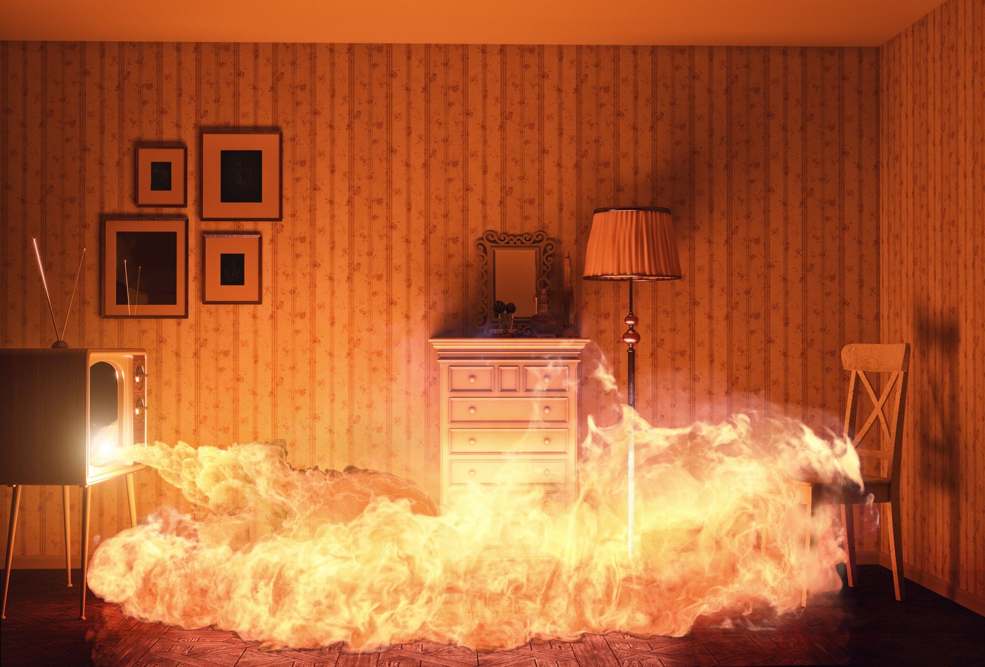Fire consuming a home interior, representing the need of emergency fire damage restoration.