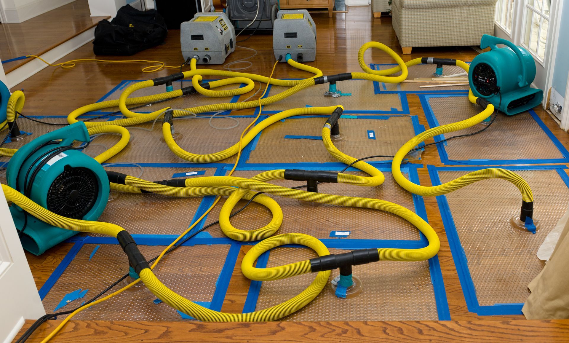 Water damage restoration equipment on hardwood floor.