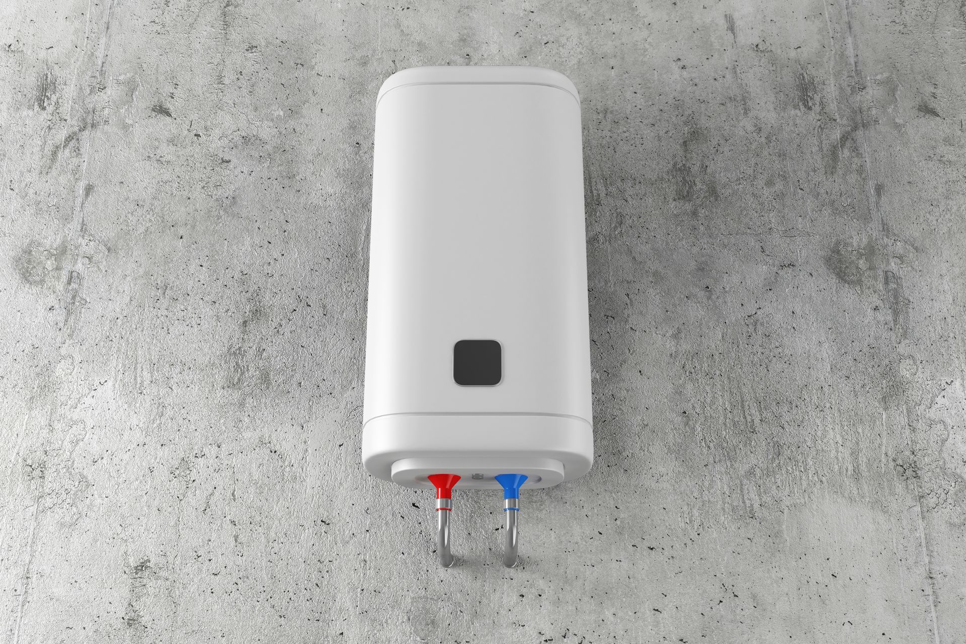 A white water heater is hanging on a concrete wall.