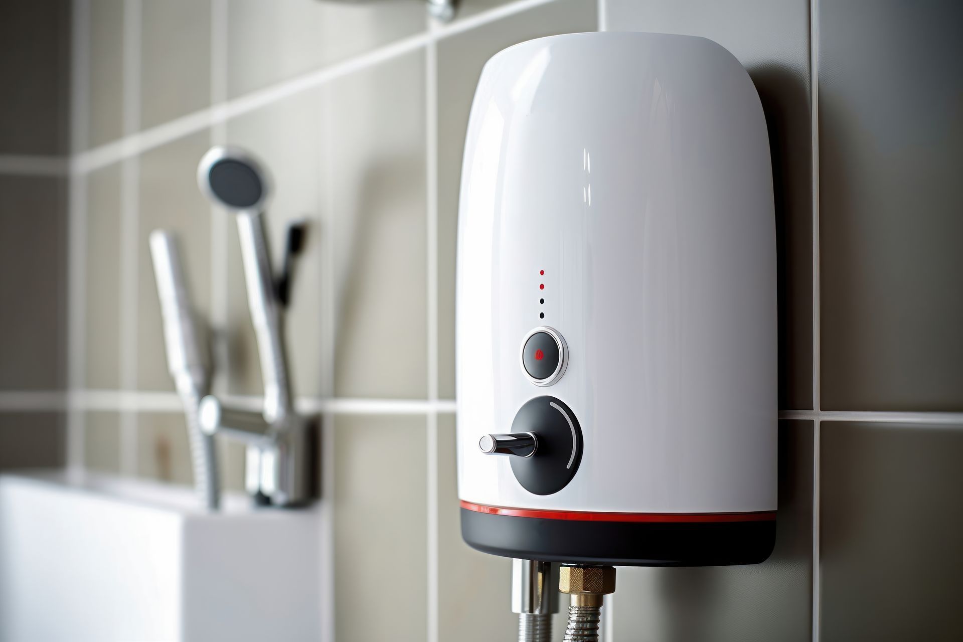 A white water heater is hanging on a tiled wall in a bathroom.