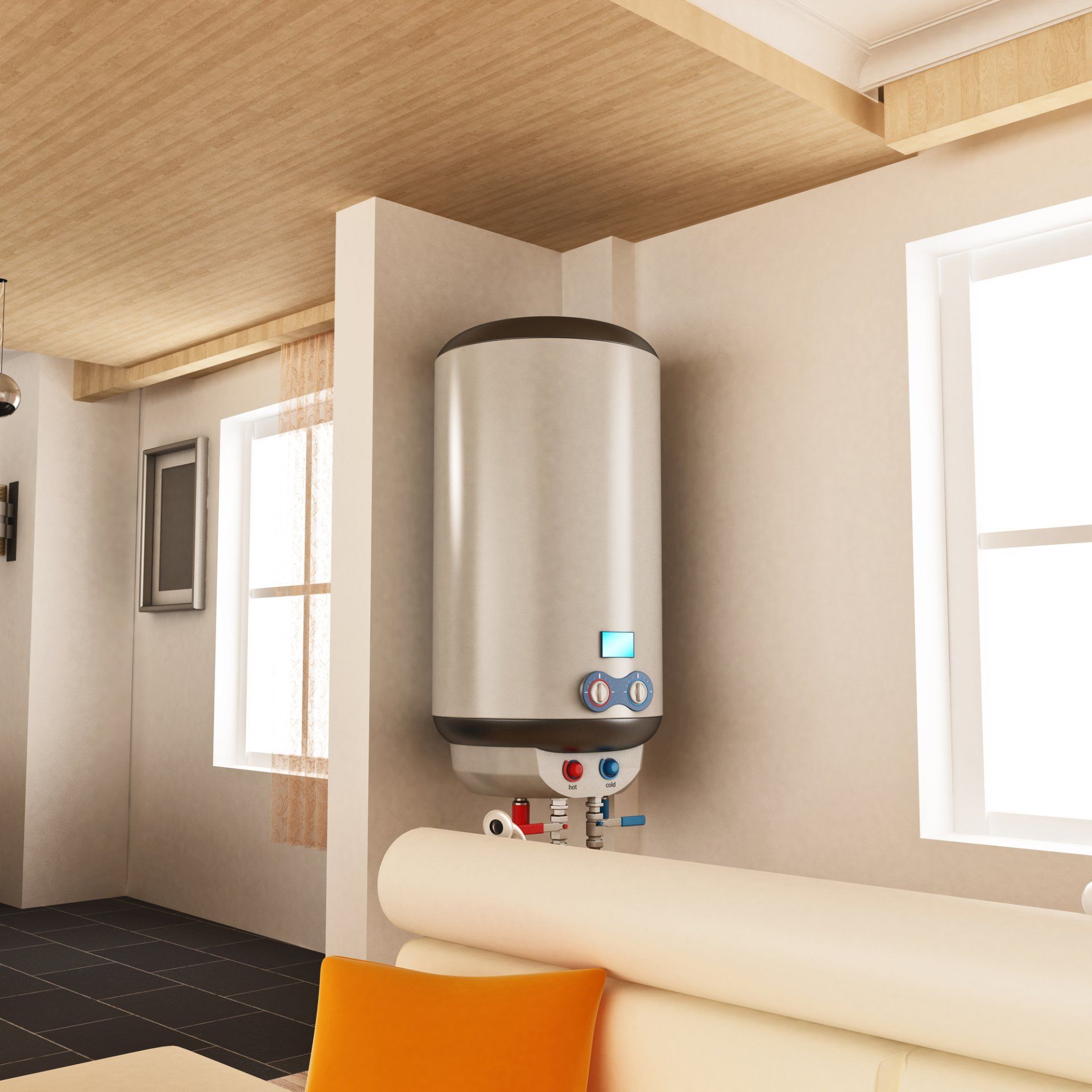 A living room with a couch and a water heater