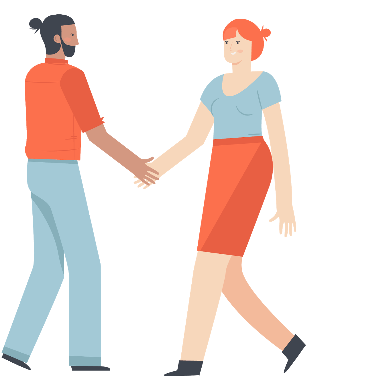 A man and a woman are shaking hands while walking.