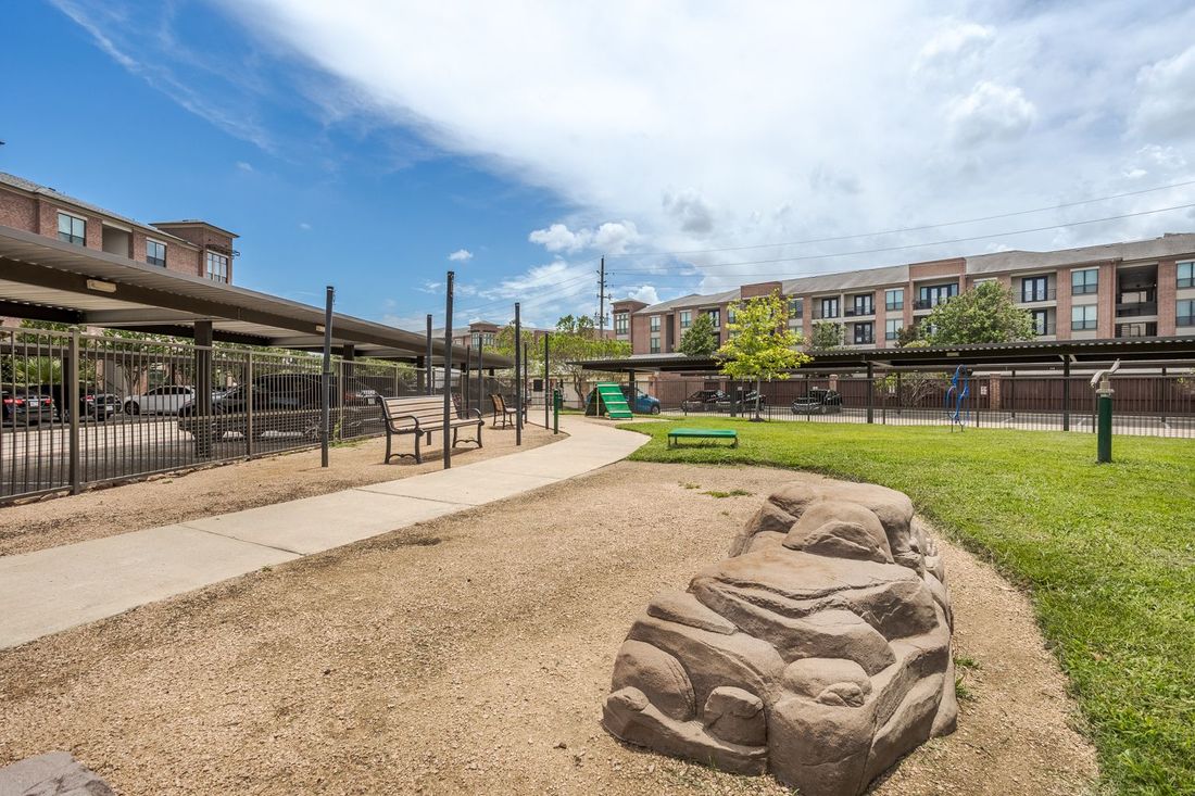 Dog park with gravel, grass, and buildings under a sunny sky.