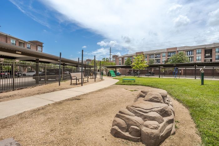 Dog park with gravel, grass, and buildings under a sunny sky.