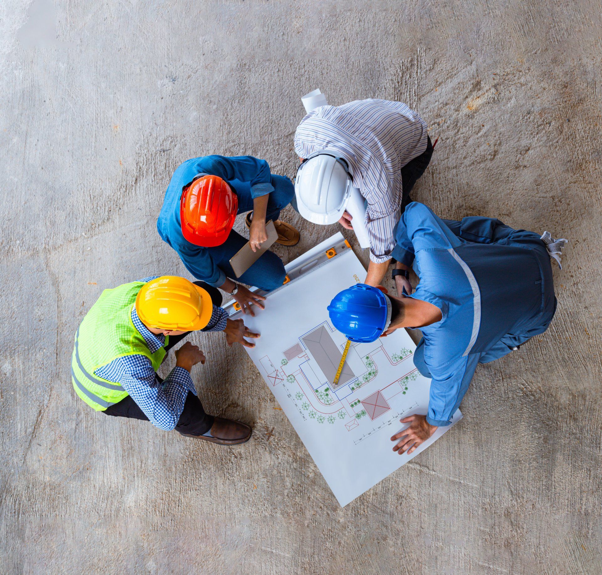 A group of construction workers are looking at a blueprint.