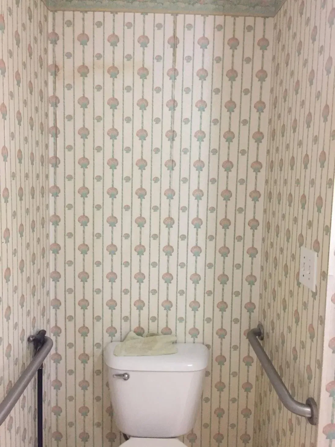 Toilet in a small bathroom with patterned wallpaper and grab bars on both sides.