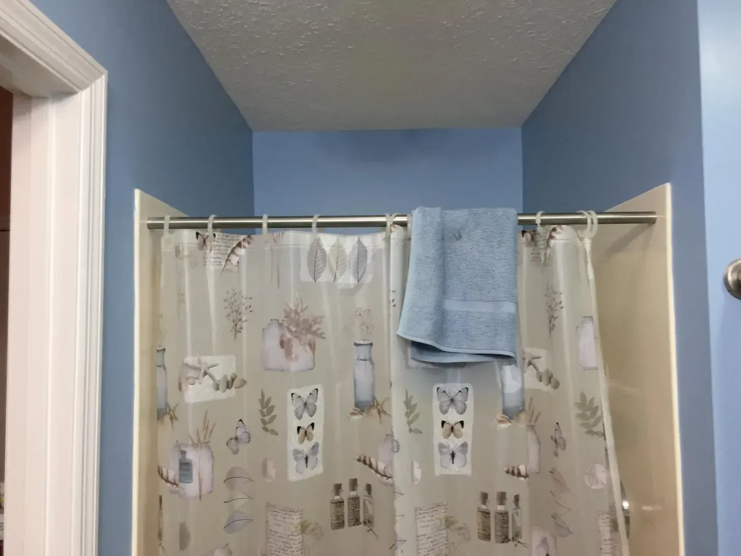 Shower stall with light blue walls and a decorative shower curtain. A light blue towel hangs on the rod.