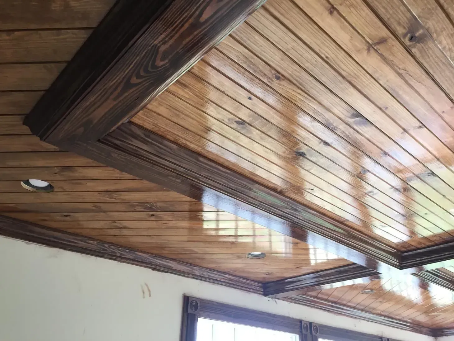 Wood paneled ceiling with dark stained trim and recessed lighting, reflecting light.