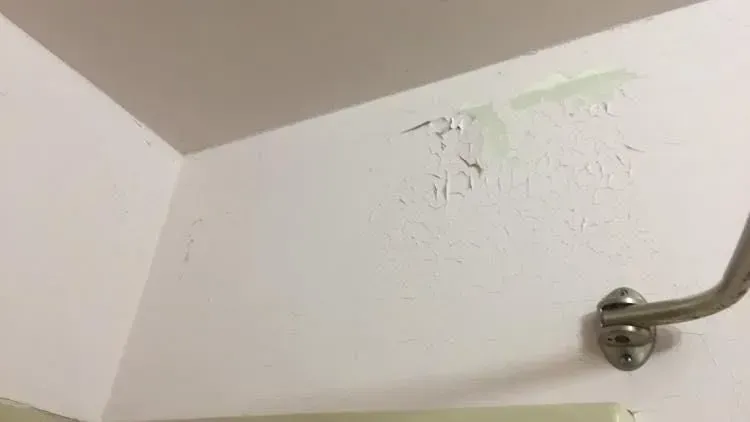 White wall with peeling paint, likely due to moisture, near the ceiling and a metal handle.