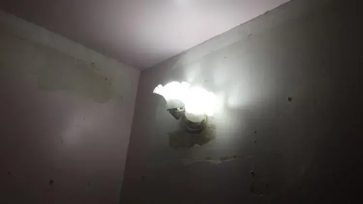 A fluorescent light fixture on a light pink wall. Paint is peeling and there is staining.