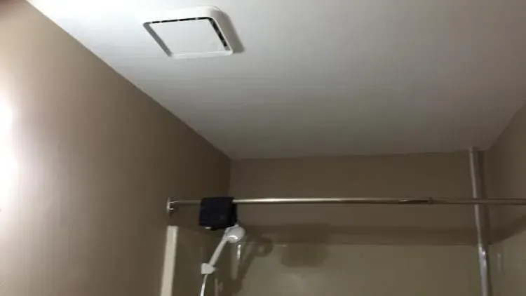 Bathroom with tan walls and a white ceiling. A shower rod is visible, and a vent is mounted on the ceiling.