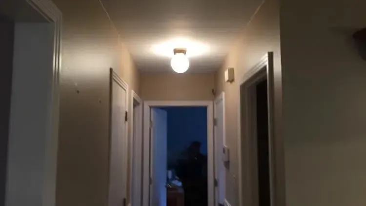 A hallway with a bright ceiling light. A dark figure stands in the doorway at the end of the hall.