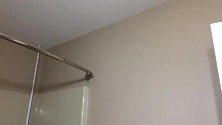 A shower stall with a metal shower rod. Beige walls and a white ceiling are visible.
