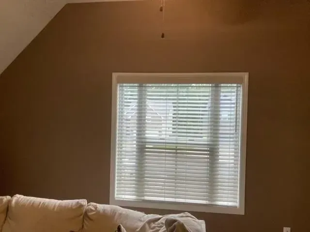 Brown wall with a window covered by white blinds. Beige couch visible in the lower left corner.