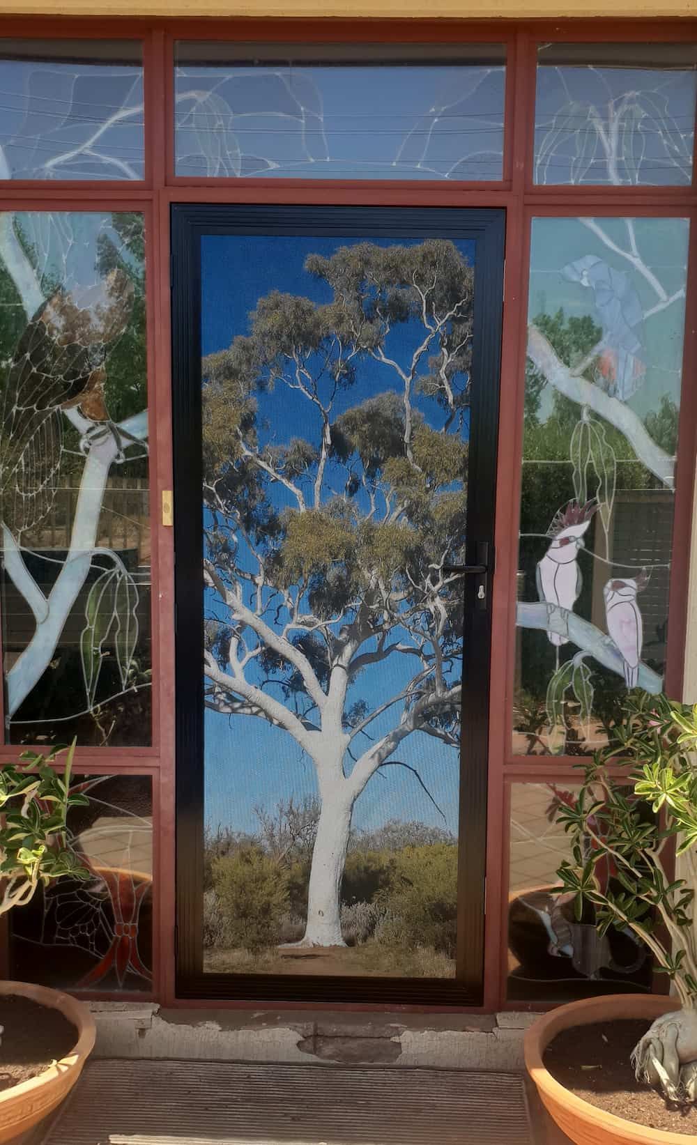 A Door With A Picture Of A Tree And Birds On It — K & S Windows In Ciccone, NT