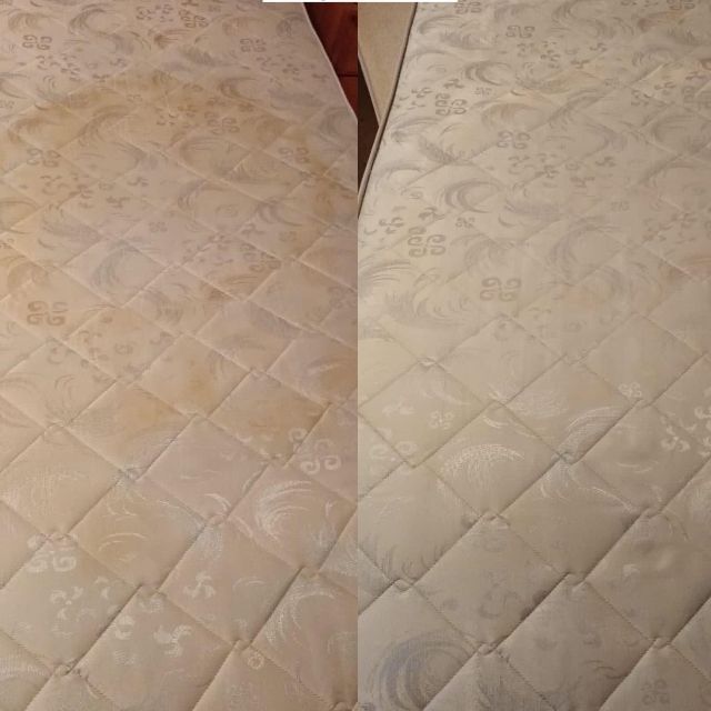 A before and after picture of a mattress being cleaned.