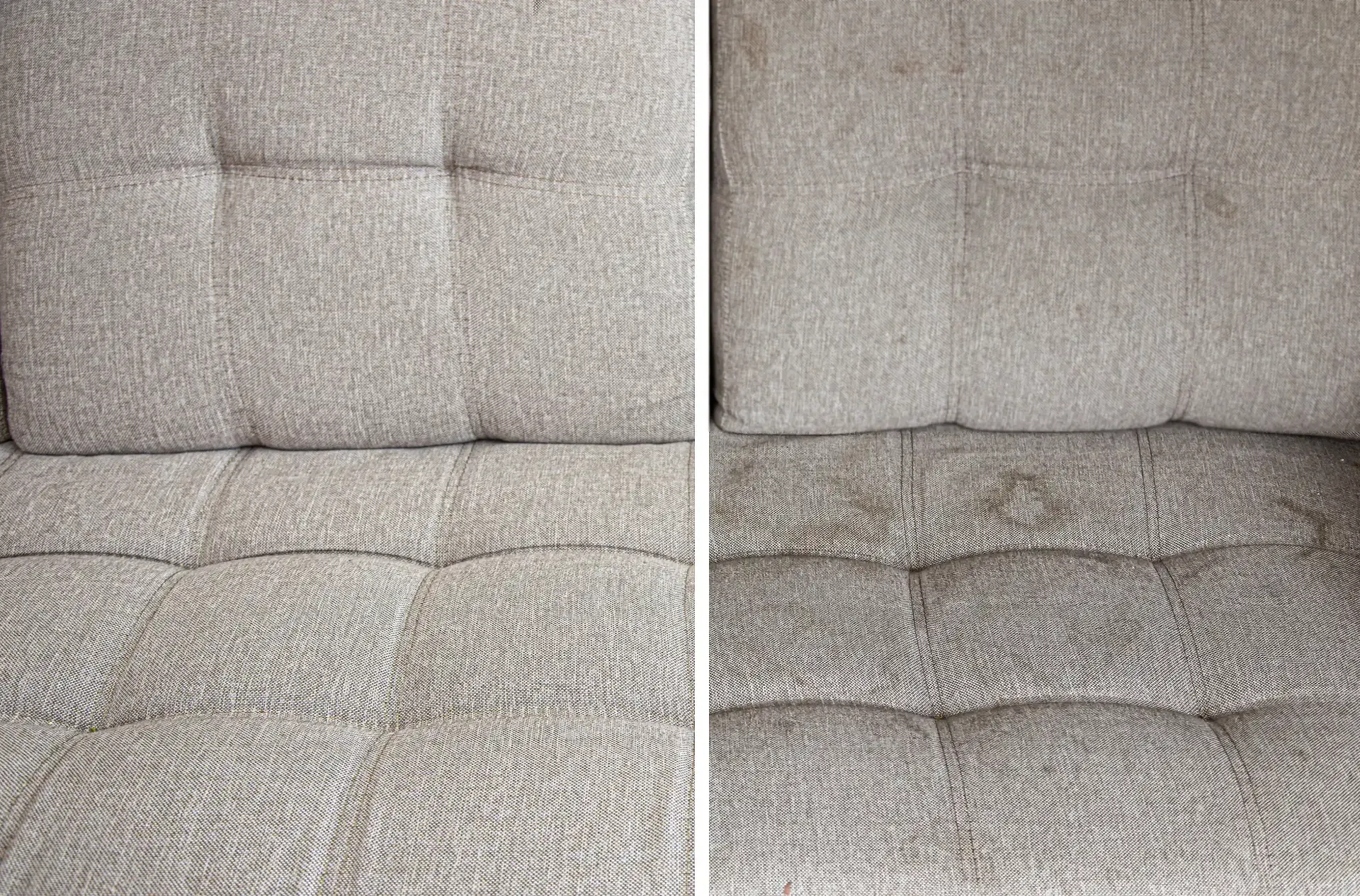 A before and after picture of a couch with stains on it.