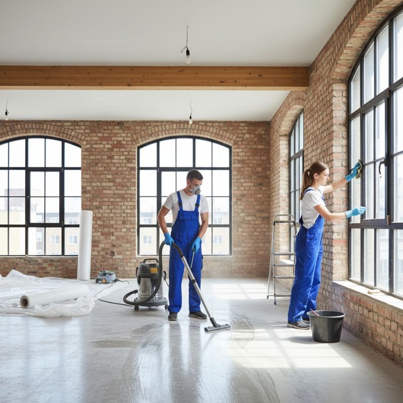 Two people cleaning a loft with brick walls and large windows. One vacuums, the other cleans windows.